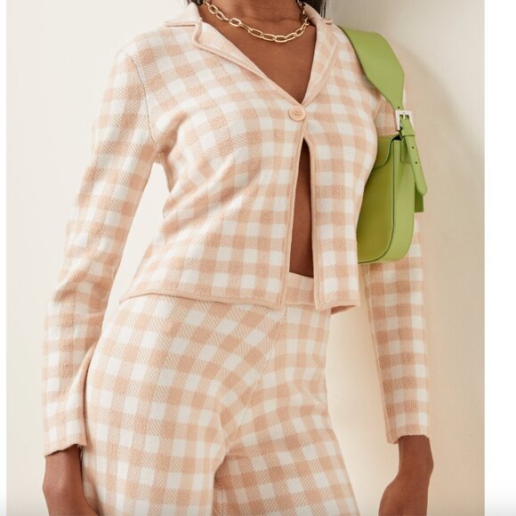 STAUD Juliette Gingham Jacquard Knit Top Jacket Neutral Size Medium - Picture 2 of 12